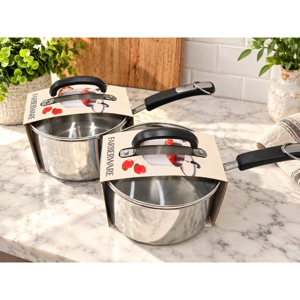 Lot of 2 Farberware Brilliance 3 Qt Stainless Steel Covered Saucepans Glass Lids